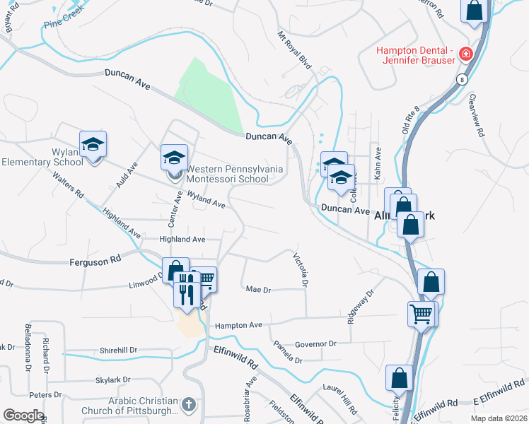 map of restaurants, bars, coffee shops, grocery stores, and more near 2472 Naomi Terrace in Hampton Township