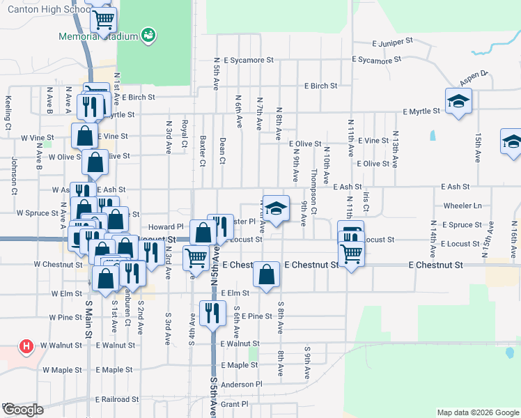 map of restaurants, bars, coffee shops, grocery stores, and more near 300-314 North 8th Avenue in Canton