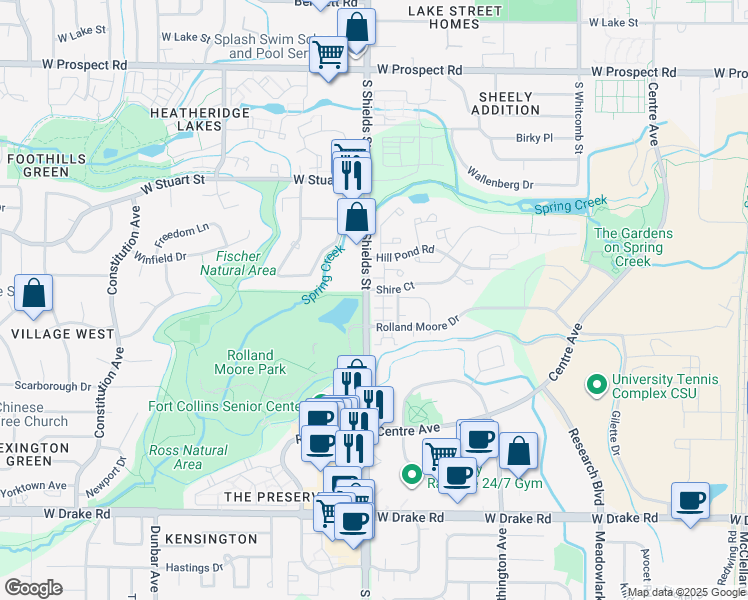 map of restaurants, bars, coffee shops, grocery stores, and more near 1091 Sundering Drive in Fort Collins
