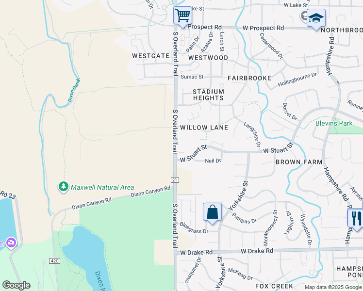 map of restaurants, bars, coffee shops, grocery stores, and more near 2110 South Overland Trail in Fort Collins