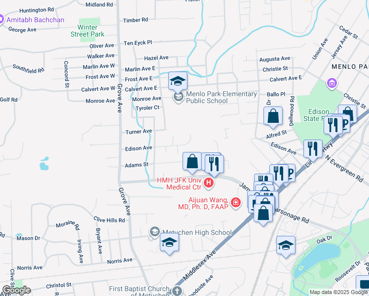 map of restaurants, bars, coffee shops, grocery stores, and more near 127 Edison Avenue in Edison