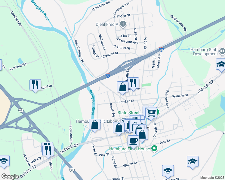 map of restaurants, bars, coffee shops, grocery stores, and more near 267 Port Clinton Avenue in Hamburg