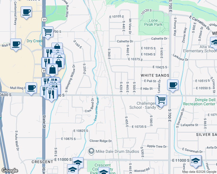 map of restaurants, bars, coffee shops, grocery stores, and more near 10544 South Sandy Sage Way in Sandy