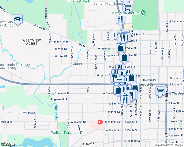 map of restaurants, bars, coffee shops, grocery stores, and more near 257 West Spruce Street in Canton