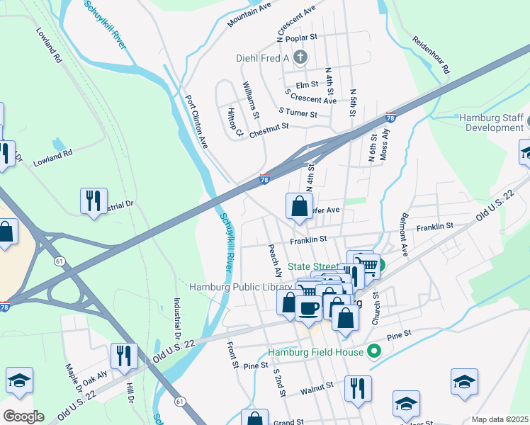 map of restaurants, bars, coffee shops, grocery stores, and more near 308 Port Clinton Avenue in Hamburg