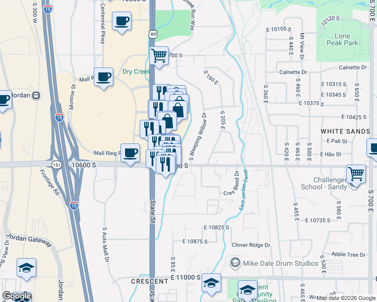 map of restaurants, bars, coffee shops, grocery stores, and more near 10548 South Weeping Willow Drive in Sandy