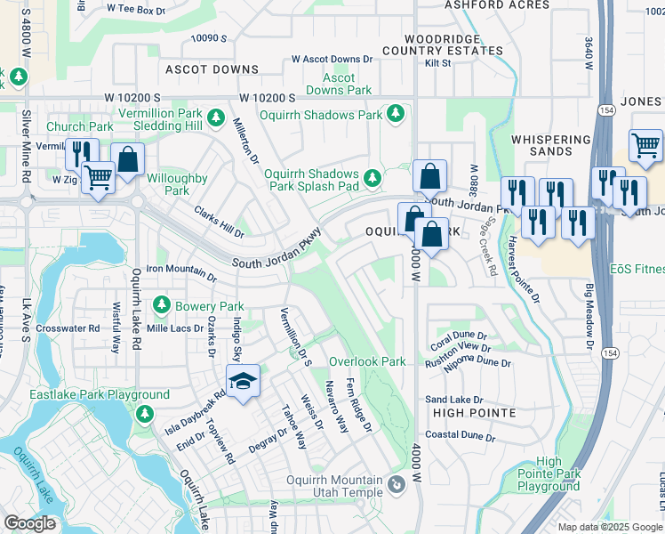 map of restaurants, bars, coffee shops, grocery stores, and more near 10574 Pine Grove Way in South Jordan
