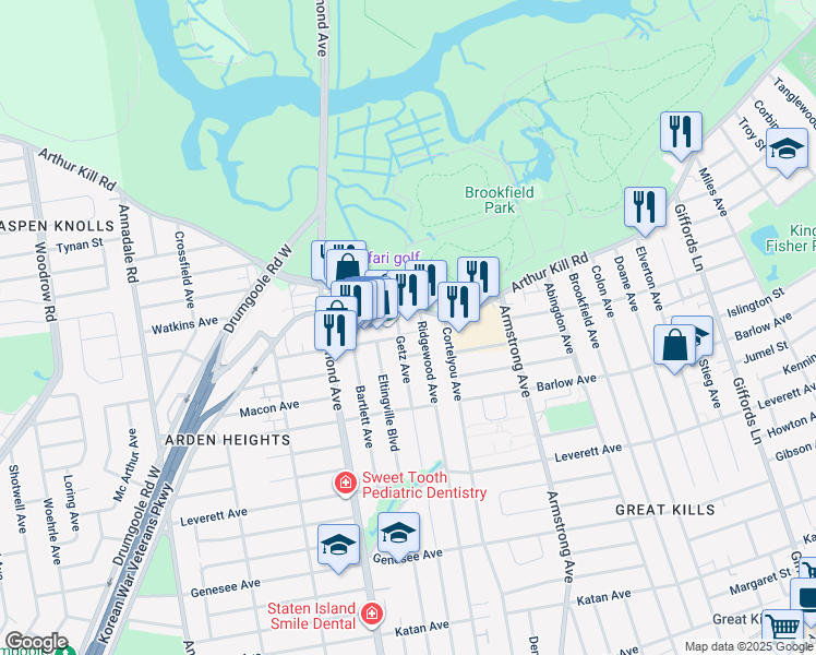 map of restaurants, bars, coffee shops, grocery stores, and more near 758 Arthur Kill Road in Staten Island