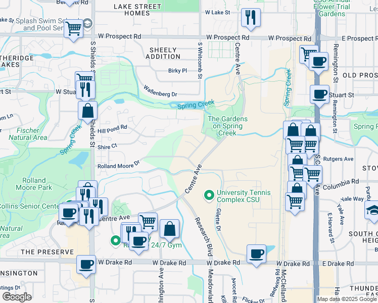 map of restaurants, bars, coffee shops, grocery stores, and more near 2101 Perennial Lane in Fort Collins