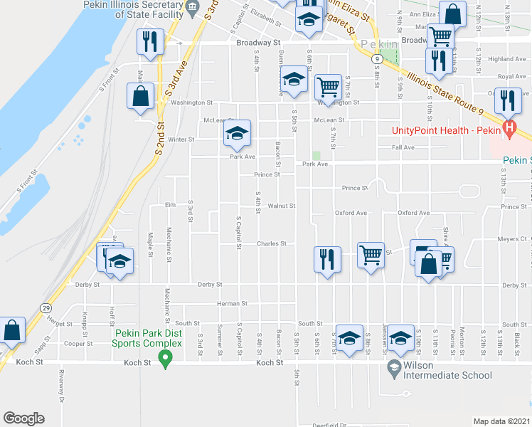 map of restaurants, bars, coffee shops, grocery stores, and more near 406 Walnut Street in Pekin