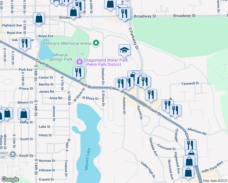map of restaurants, bars, coffee shops, grocery stores, and more near 1910 Court Street in Pekin