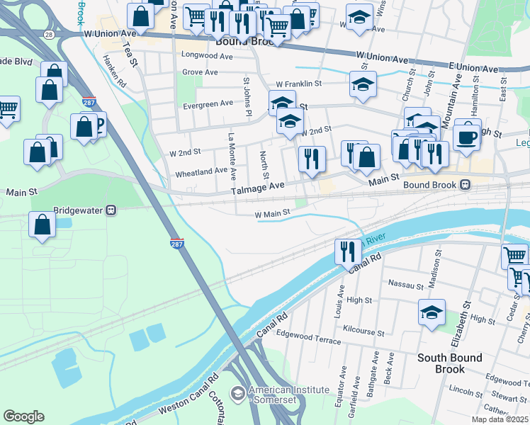 map of restaurants, bars, coffee shops, grocery stores, and more near 261 West Main Street in Bound Brook