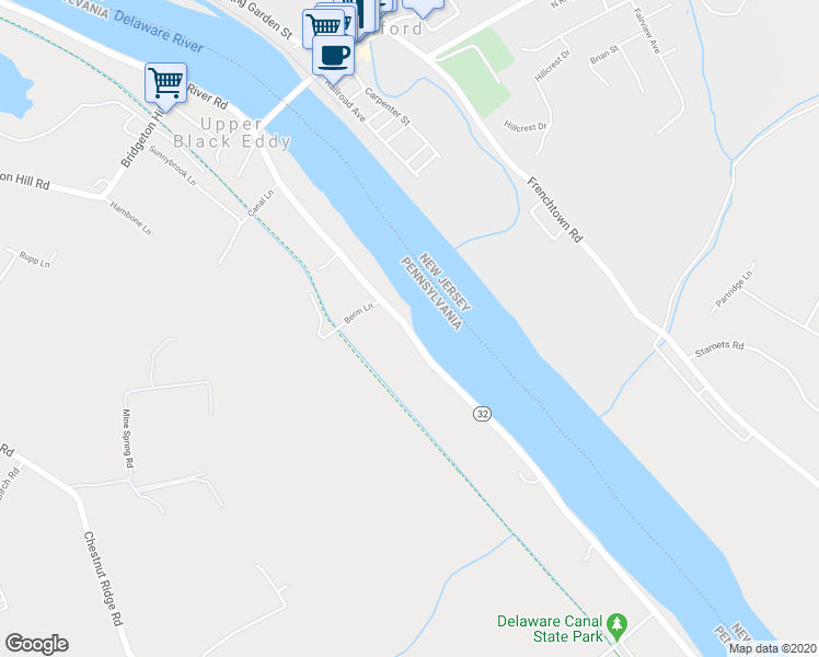 map of restaurants, bars, coffee shops, grocery stores, and more near 1428 River Road in Upper Black Eddy