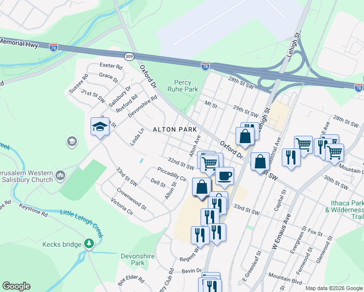 map of restaurants, bars, coffee shops, grocery stores, and more near 1802 31st St SW in Allentown