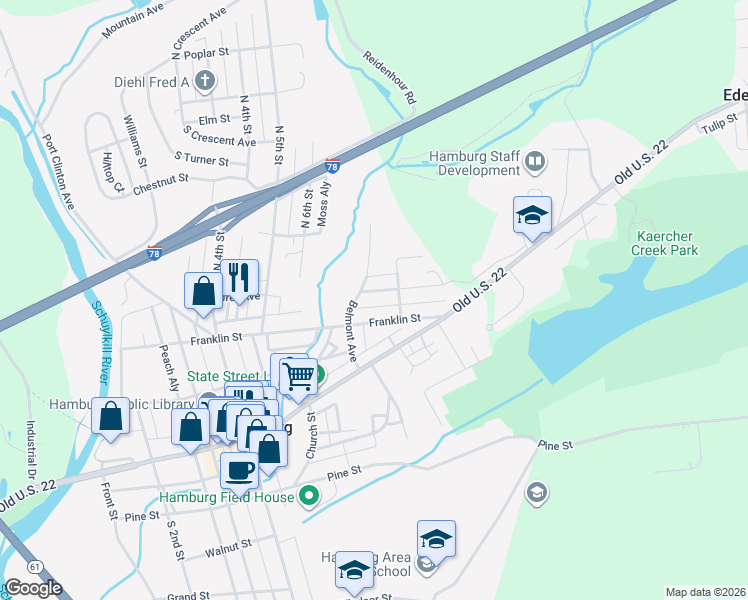 map of restaurants, bars, coffee shops, grocery stores, and more near 728 Girard Avenue in Hamburg