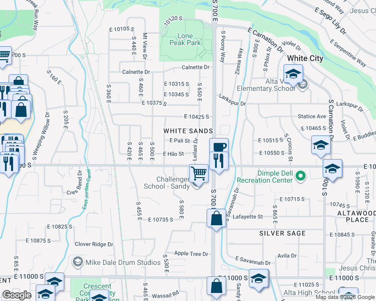 map of restaurants, bars, coffee shops, grocery stores, and more near 621 East Hilo Street in Sandy