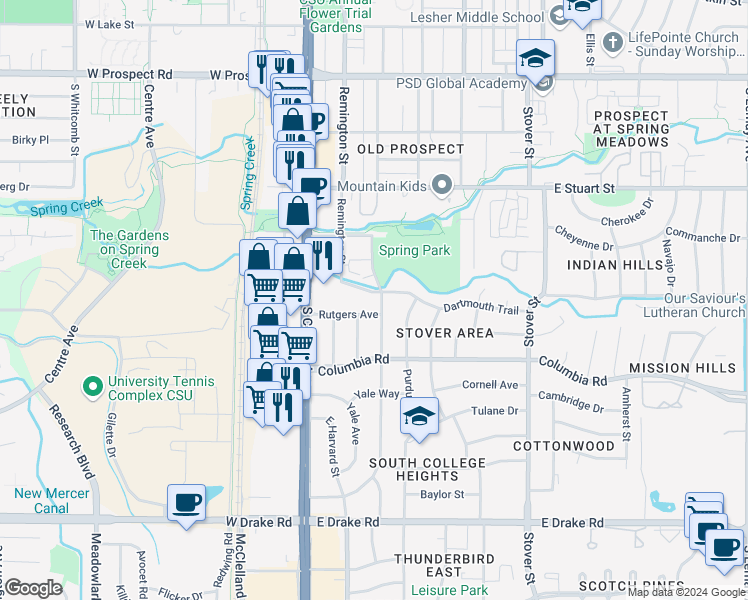 map of restaurants, bars, coffee shops, grocery stores, and more near 2200 Mathews Street in Fort Collins