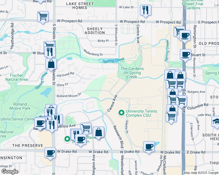 map of restaurants, bars, coffee shops, grocery stores, and more near 2101 Perennial Lane in Fort Collins