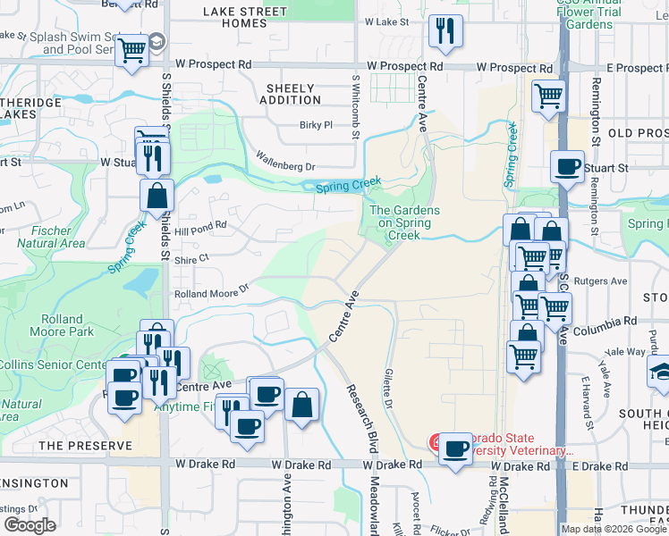map of restaurants, bars, coffee shops, grocery stores, and more near 2101 Perennial Lane in Fort Collins