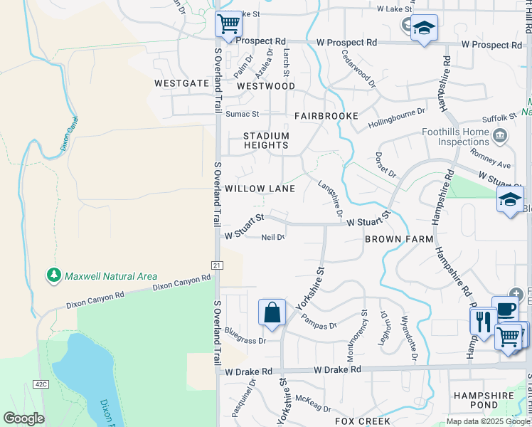 map of restaurants, bars, coffee shops, grocery stores, and more near West Stuart Street in Fort Collins