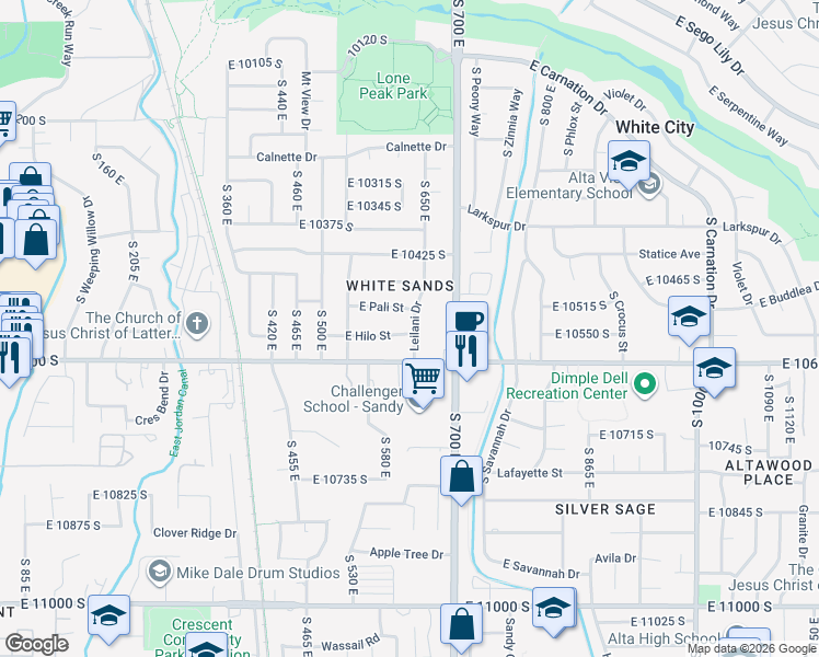 map of restaurants, bars, coffee shops, grocery stores, and more near 621 East Hilo Street in Sandy