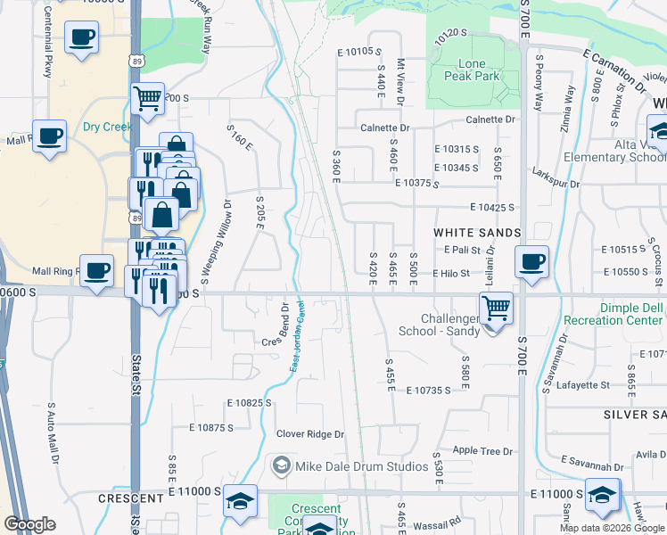 map of restaurants, bars, coffee shops, grocery stores, and more near 10544 South Sandy Sage Way in Sandy