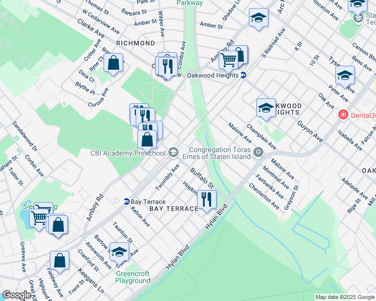 map of restaurants, bars, coffee shops, grocery stores, and more near 1 Twombly Avenue in Staten Island