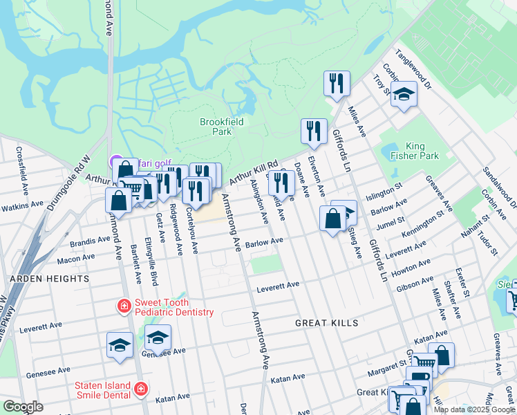map of restaurants, bars, coffee shops, grocery stores, and more near 395 Abingdon Avenue in Staten Island