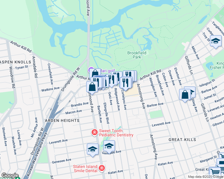 map of restaurants, bars, coffee shops, grocery stores, and more near 758 Arthur Kill Road in Staten Island