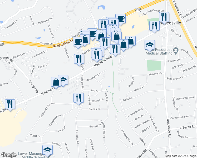 map of restaurants, bars, coffee shops, grocery stores, and more near 1013 Timberidge Lane in Allentown