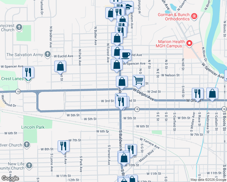 map of restaurants, bars, coffee shops, grocery stores, and more near 1421 West 2nd Street in Marion