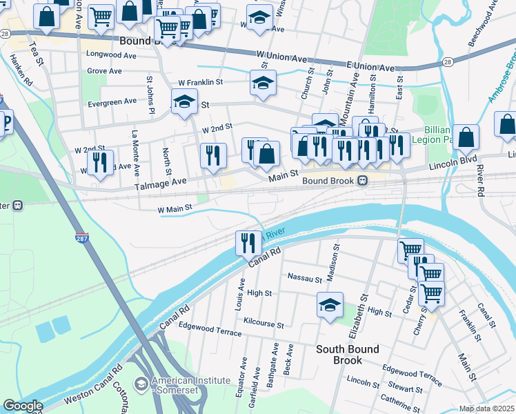 map of restaurants, bars, coffee shops, grocery stores, and more near 100 West Main Street in Bound Brook