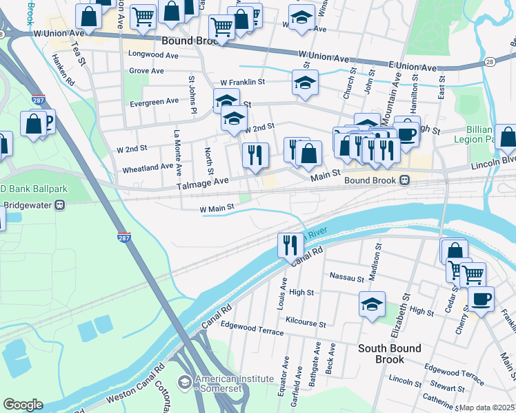 map of restaurants, bars, coffee shops, grocery stores, and more near 178 W Main St in Bound Brook