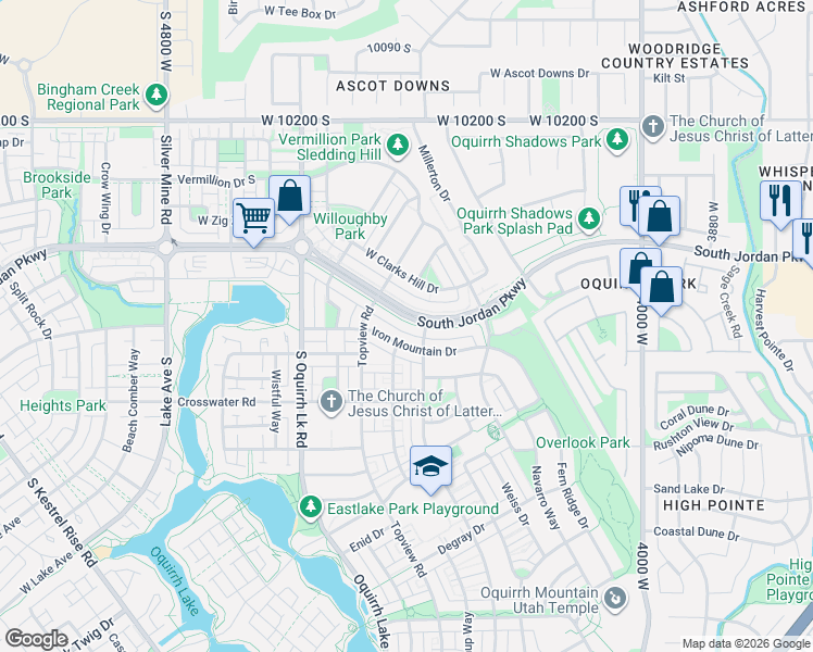 map of restaurants, bars, coffee shops, grocery stores, and more near 4389 South Jordan Parkway West in South Jordan