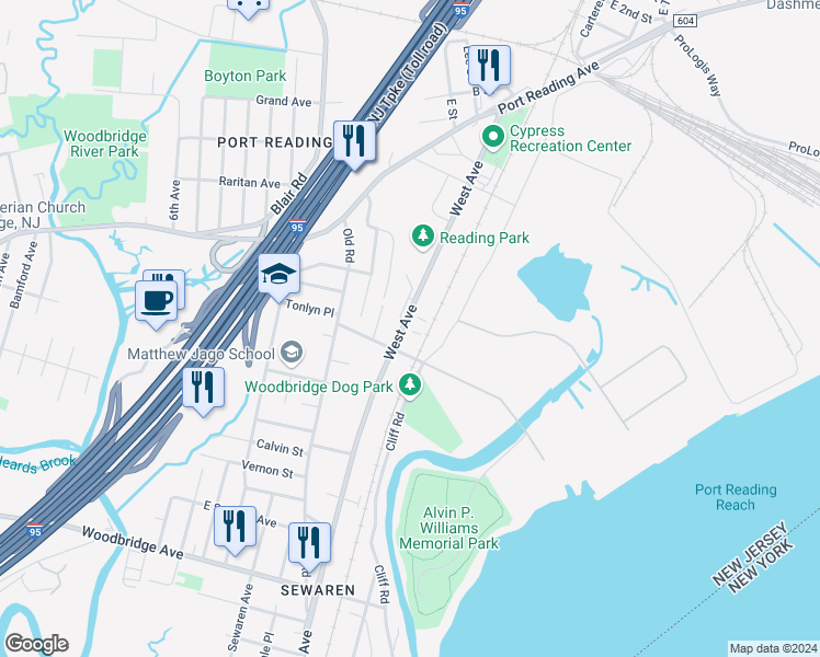 map of restaurants, bars, coffee shops, grocery stores, and more near 21 Marina View Drive in Woodbridge Township