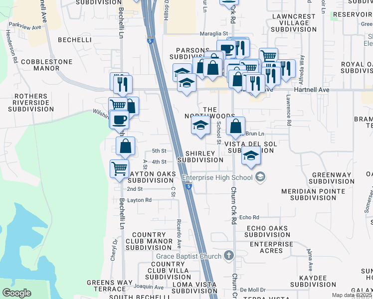 map of restaurants, bars, coffee shops, grocery stores, and more near 3276 Alexander Drive in Redding