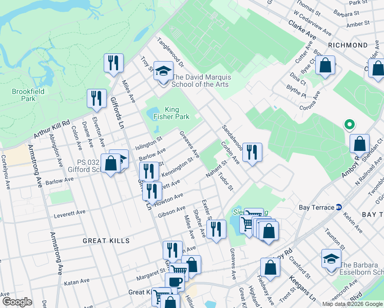 map of restaurants, bars, coffee shops, grocery stores, and more near 68 Jumel Street in Staten Island