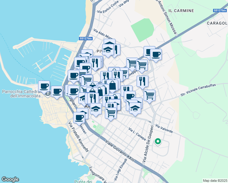 map of restaurants, bars, coffee shops, grocery stores, and more near 154 Via XX Settembre in Alghero
