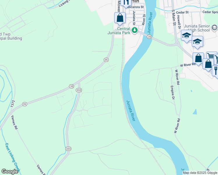 map of restaurants, bars, coffee shops, grocery stores, and more near 245 Edgewood Drive in Mifflin
