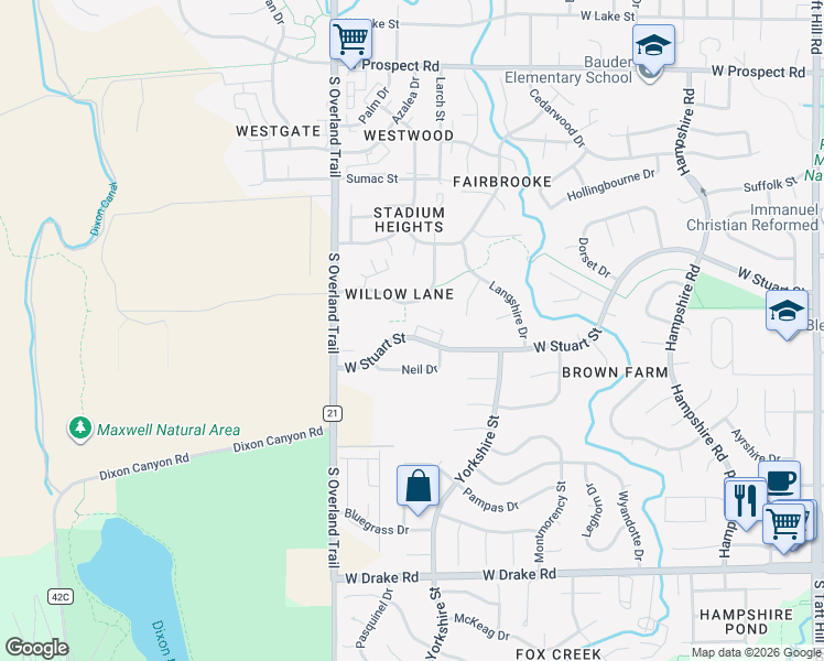 map of restaurants, bars, coffee shops, grocery stores, and more near 2930 West Stuart Street in Fort Collins