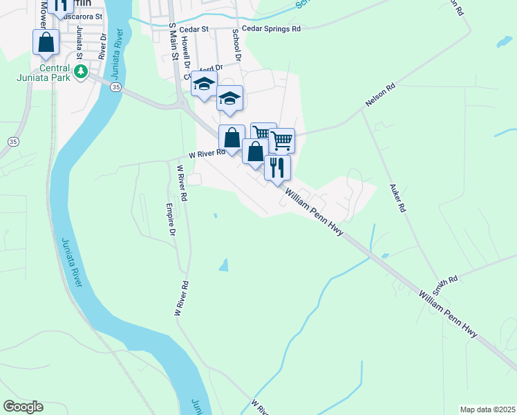 map of restaurants, bars, coffee shops, grocery stores, and more near 258 Mountain View Road in Mifflintown