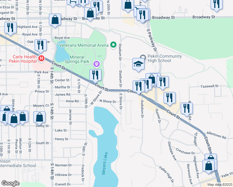 map of restaurants, bars, coffee shops, grocery stores, and more near 1838 Court Street in Pekin