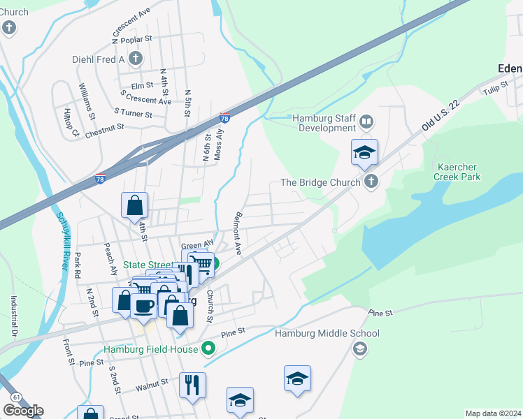 map of restaurants, bars, coffee shops, grocery stores, and more near 728 Girard Avenue in Hamburg