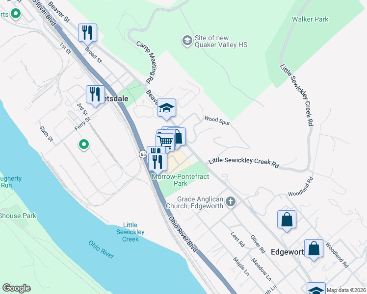 map of restaurants, bars, coffee shops, grocery stores, and more near 710 Beaver Street in Leetsdale