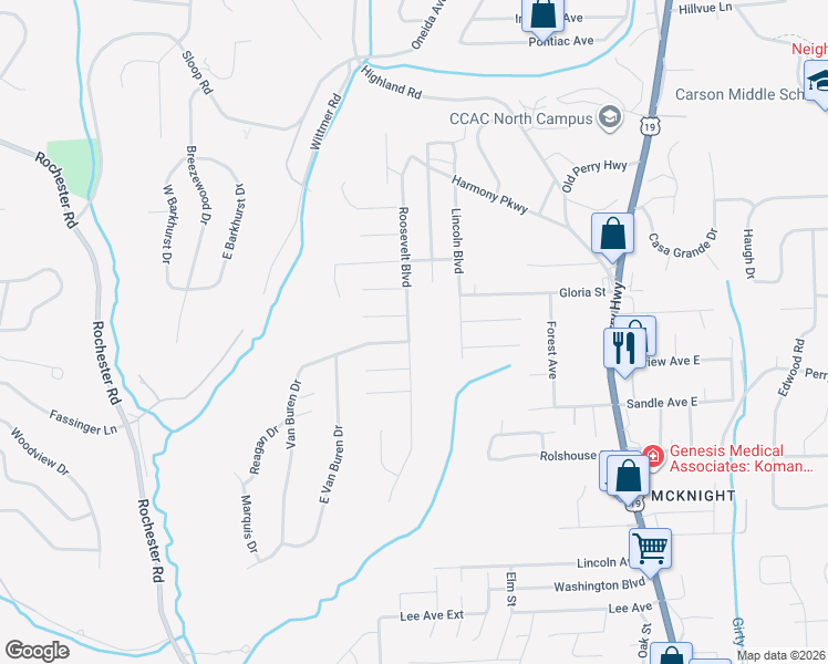map of restaurants, bars, coffee shops, grocery stores, and more near 8536 Roosevelt Boulevard in Pittsburgh