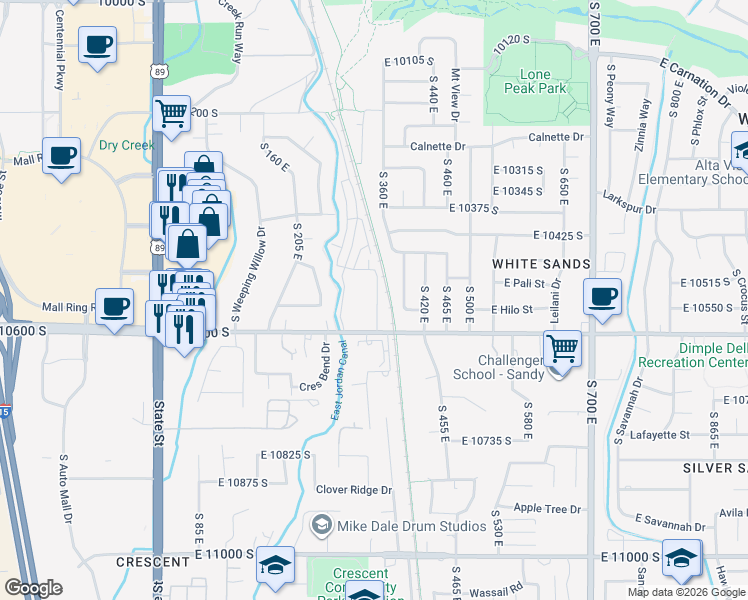 map of restaurants, bars, coffee shops, grocery stores, and more near 10544 South Sandy Sage Way in Sandy