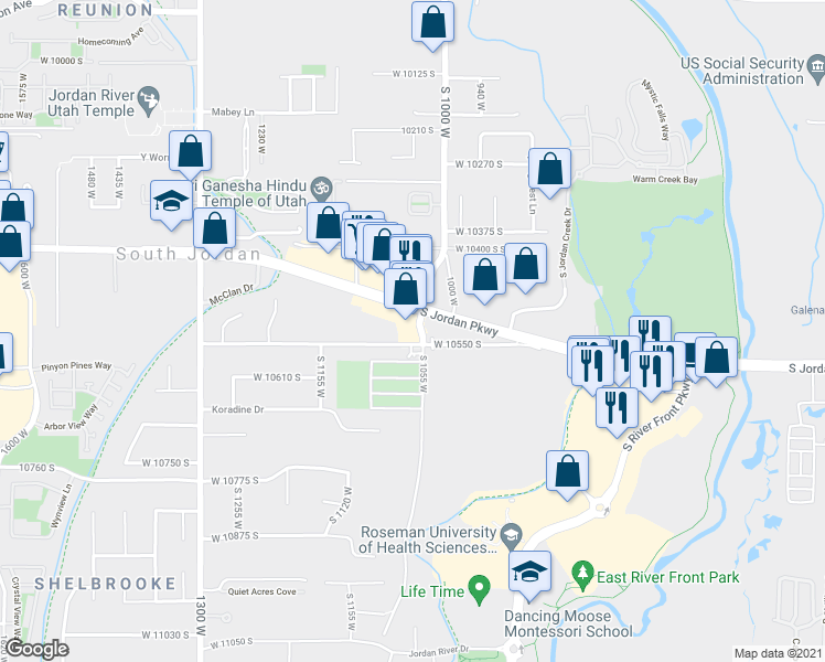 map of restaurants, bars, coffee shops, grocery stores, and more near 1063 South Jordan Parkway in South Jordan