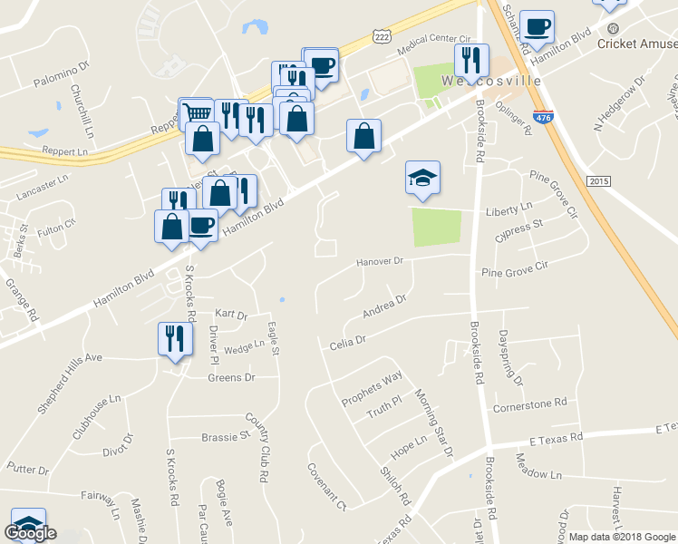 map of restaurants, bars, coffee shops, grocery stores, and more near 5351 Hanover Drive in Allentown