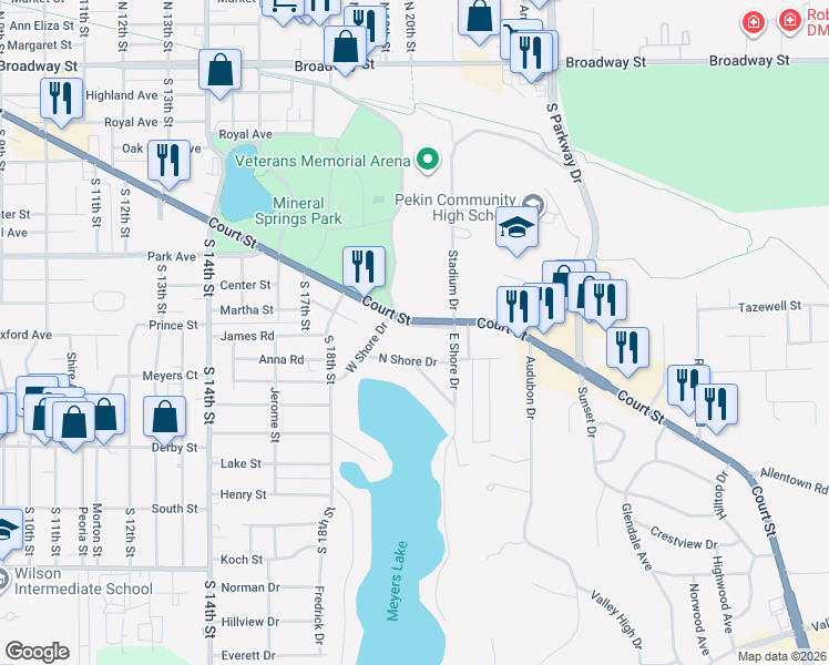 map of restaurants, bars, coffee shops, grocery stores, and more near 1830 Court Street in Pekin