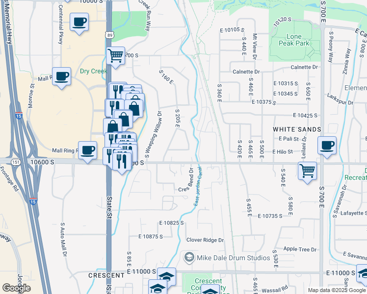 map of restaurants, bars, coffee shops, grocery stores, and more near 197 Golden Willow Circle in Sandy